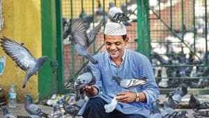 A man feeds pigeons during a nationwide lockdown imposed in the wake of novel coronavirus pandemic, in Bengaluru.(Photo: PTI)