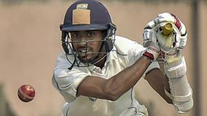 Bengal cricketer Abhimanyu Easwaran hits a shot on the 3rd day of their Ranji Trophy cricket match.(PTI)
