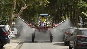 A Japanese spray machine is seen during a sanitation drive in South city-II Block-D, near Nirvana Country, in Gurugram, on Tuesday.(Praveen Kumar/HT Photo) A Japanese spray machine is seen during a sanitation drive in South city-II Block-D, near Nirvana Country, in Gurugram, on Tuesday.(Praveen Kumar/HT Photo)