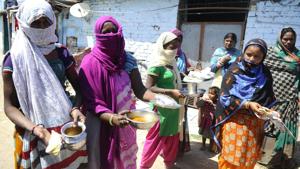 Women complaining about inadequate food for their whole family at Dhanas in Chandigarh.(Anil Dayal/HT) Women complaining about inadequate food for their whole family at Dhanas in Chandigarh.(Anil Dayal/HT)