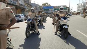 Policemen on motorcycles on patrol duty in Bhillwara.(ANI) Policemen on motorcycles on patrol duty in Bhillwara.(ANI)