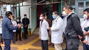 Meghalaya chief minister Conrad Sangma at a hospital for a review meeting with the doctors and officials at Civil Hospital in Shillong on Friday.(ANI) Meghalaya chief minister Conrad Sangma at a hospital for a review meeting with the doctors and officials at Civil Hospital in Shillong on Friday.(ANI)