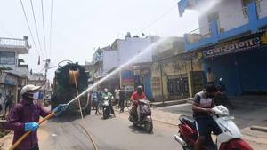 Firefighters sanitize a locality during the nationwide lockdown to curb the spread of coronavirus, in Ranchi, Saturday. April 18, 2020.(PTI) Firefighters sanitize a locality during the nationwide lockdown to curb the spread of coronavirus, in Ranchi, Saturday. April 18, 2020.(PTI)