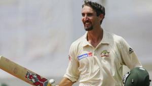 Jason Gillespie of Australia celebrates his double century during day four of the Second Test between Bangladesh and Australia played at the Chittagong Divisional Stadium.(Getty Images) Jason Gillespie of Australia celebrates his double century during day four of the Second Test between Bangladesh and Australia played at the Chittagong Divisional Stadium.(Getty Images)