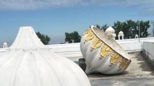 The storm-ravaged domes at the recently renovated Sikh shrine Gurdwara Darbar Sahib in Kartarpur.(HT Photo) The storm-ravaged domes at the recently renovated Sikh shrine Gurdwara Darbar Sahib in Kartarpur.(HT Photo)