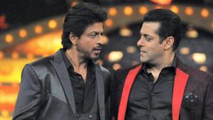 Shah Rukh Khan and Salman Khan on the sets of Bigg Boss. Shah Rukh Khan and Salman Khan on the sets of Bigg Boss.