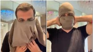 Ronit Roy fashioned a face mask out of a T-shirt. Ronit Roy fashioned a face mask out of a T-shirt.