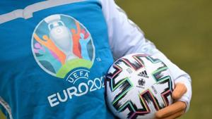 UEFA Euro 2020 mascot Skillzy poses for a photo with the official match ball at Olympiapark in Munich, Germany.(REUTERS)