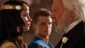 Jennifer Lawrence as Katniss and Donald Sutherland as President Snow. Jennifer Lawrence as Katniss and Donald Sutherland as President Snow.
