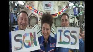 Astronauts holding placards of Some Good News(SGN) from ISS.(Twitter/@NASA) Astronauts holding placards of Some Good News(SGN) from ISS.(Twitter/@NASA)