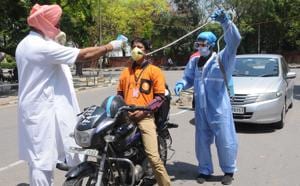 A delivery boy being screened before his entry in Sector 27-C in Chandigarh on Thursday.(Keshav Singh/HT) A delivery boy being screened before his entry in Sector 27-C in Chandigarh on Thursday.(Keshav Singh/HT)