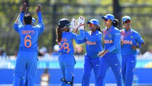 Deepti Sharma is congratulated by team mates after getting the wicket of Umasha Thimeshani of Sri Lanka during the ICC Women's T20 Cricket World Cup match.(Getty Images) Deepti Sharma is congratulated by team mates after getting the wicket of Umasha Thimeshani of Sri Lanka during the ICC Women's T20 Cricket World Cup match.(Getty Images)