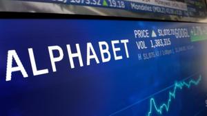 FILE- In this Feb. 14, 2018, file photo the logo for Alphabet appears on a screen at the Nasdaq MarketSite in New York. Google parent Alphabet report their latest results Tuesday, April 28, 2020 after the closing bell.(AP) FILE- In this Feb. 14, 2018, file photo the logo for Alphabet appears on a screen at the Nasdaq MarketSite in New York. Google parent Alphabet report their latest results Tuesday, April 28, 2020 after the closing bell.(AP)
