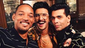 Will Smith poses with Ranveer Singh and Karan Johar during a recent visit to India. Will Smith poses with Ranveer Singh and Karan Johar during a recent visit to India.