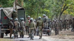 The Handwara encounter began in the afternoon after Army and police launched a joint operation in the forests of Rajwar following a tip-off about the presence of militants in the area.(PTI) The Handwara encounter began in the afternoon after Army and police launched a joint operation in the forests of Rajwar following a tip-off about the presence of militants in the area.(PTI)