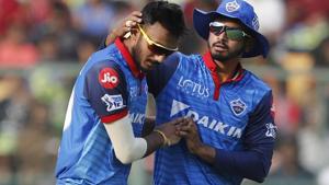 Delhi Capitals' Axar Patel, left, celebrates with captain Shreyas Iyer.(AP) Delhi Capitals' Axar Patel, left, celebrates with captain Shreyas Iyer.(AP)