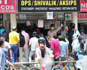 Rush outside a stationery shop in Sector 40, Chandigarh, on Monday.(Ravi Kumar/HT) Rush outside a stationery shop in Sector 40, Chandigarh, on Monday.(Ravi Kumar/HT)
