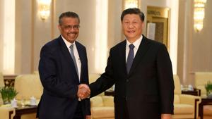 Tedros Adhanom, director general of the World Health Organization, shakes hands with Chinese President Xi jinping before a meeting at the Great Hall of the People in Beijing, China, January 28, 2020.(Reuters file photo) Tedros Adhanom, director general of the World Health Organization, shakes hands with Chinese President Xi jinping before a meeting at the Great Hall of the People in Beijing, China, January 28, 2020.(Reuters file photo)