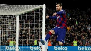 Barcelona's Lionel Messi celebrates scoring their first goal.(REUTERS) Barcelona's Lionel Messi celebrates scoring their first goal.(REUTERS)