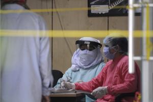 Noida, India - April 27, 2020: Medical professional seen inside district hospital in sector 30 during lockdown(Sunil Ghosh / Hindustan Times) Noida, India - April 27, 2020: Medical professional seen inside district hospital in sector 30 during lockdown(Sunil Ghosh / Hindustan Times)