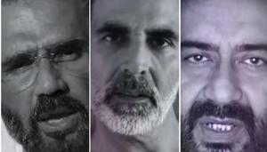 Suneil Shetty, Akshay Kumar and Ajay Devgn in a screengrab from the video. Suneil Shetty, Akshay Kumar and Ajay Devgn in a screengrab from the video.