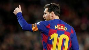 Barcelona's Lionel Messi celebrates scoring their first goal.(REUTERS) Barcelona's Lionel Messi celebrates scoring their first goal.(REUTERS)