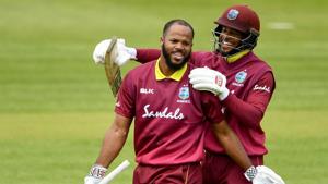 John Campbell of West Indies, left, celebrates with Shai Hope after scoring a century.(Sportsfile via Getty Images) John Campbell of West Indies, left, celebrates with Shai Hope after scoring a century.(Sportsfile via Getty Images)