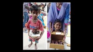 Children are happily teaming muffin with chapatti. Children are happily teaming muffin with chapatti.