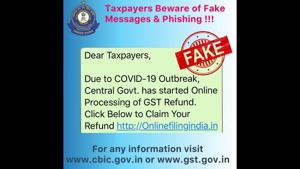 Do not click on fake links that claim to provide GST refund.(Twitter/CBIS) Do not click on fake links that claim to provide GST refund.(Twitter/CBIS)