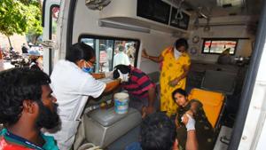 People affected by gas leak being taken to a hospital for treatment, near Visakhapatnam in Andhra Pradesh on Thursday.(PTI Photo) People affected by gas leak being taken to a hospital for treatment, near Visakhapatnam in Andhra Pradesh on Thursday.(PTI Photo)