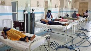 Survivors of the gas leak from LG Polymers in Visakhapatnam on Thursday recovering at a hospital.(ANI) Survivors of the gas leak from LG Polymers in Visakhapatnam on Thursday recovering at a hospital.(ANI)
