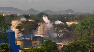 Vapour comes out from LG Polymers chemical plant after a gas leak, in a village near Visakhapatnam in Andhra Pradesh on Thursday.(PTI Photo) Vapour comes out from LG Polymers chemical plant after a gas leak, in a village near Visakhapatnam in Andhra Pradesh on Thursday.(PTI Photo)