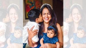 Sameera Reddy with her daughter Nyra, 9 months old and son Hans, 5 years old(Amrita Samant) Sameera Reddy with her daughter Nyra, 9 months old and son Hans, 5 years old(Amrita Samant)
