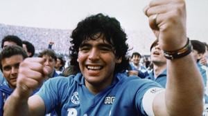 Diego Maradona cheers after the Napoli team clinches its first Italian major league title in Naples.(Meazza Sambucetti/AP/Shutterstock) Diego Maradona cheers after the Napoli team clinches its first Italian major league title in Naples.(Meazza Sambucetti/AP/Shutterstock)