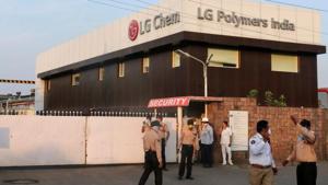 Security guards stand outside LG Polymers plant in Visakhapatnam.(REUTERS) Security guards stand outside LG Polymers plant in Visakhapatnam.(REUTERS)