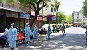 Gujarat, May 07 (ANI): Paramilitary force wearing protective gear patrolling in a street during nationwide lockdown to slow the spreading of Coronavirus disease, in Ahmedabad.(ANI) Gujarat, May 07 (ANI): Paramilitary force wearing protective gear patrolling in a street during nationwide lockdown to slow the spreading of Coronavirus disease, in Ahmedabad.(ANI)