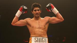 Vijender Singh celebrates beating Alexander Horvath during their Middleweight contest at the Echo Arena.(Getty Images) Vijender Singh celebrates beating Alexander Horvath during their Middleweight contest at the Echo Arena.(Getty Images)