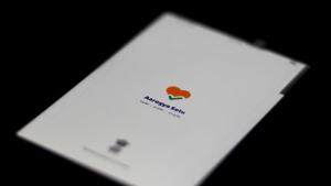 The Aarogya Setu app logo is seen on a mobile phone.(REUTERS) The Aarogya Setu app logo is seen on a mobile phone.(REUTERS)