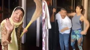 Shilpa Shetty as house help (left) and as herself with husband Raj Kundra in the video. Shilpa Shetty as house help (left) and as herself with husband Raj Kundra in the video.