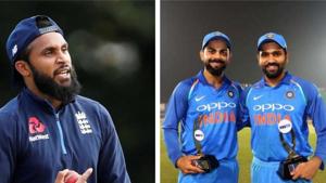 Adil Rashid and Rohit Sharma with Virat Kohli.(HT Collage) Adil Rashid and Rohit Sharma with Virat Kohli.(HT Collage)