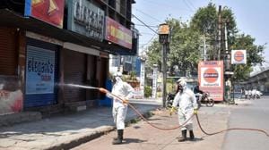 Teams of GHMC spraying disinfectant in the Malakpet area during the nationwide lockdown amid the coronavirus outbreak in Hyderabad.(ANI PHOTO.) Teams of GHMC spraying disinfectant in the Malakpet area during the nationwide lockdown amid the coronavirus outbreak in Hyderabad.(ANI PHOTO.)