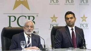 Pakistan Cricket Board's new managing director Wasim Khan, right, looks on during a press conference with the PCB chairman Ehsan Mani.(AP) Pakistan Cricket Board's new managing director Wasim Khan, right, looks on during a press conference with the PCB chairman Ehsan Mani.(AP)