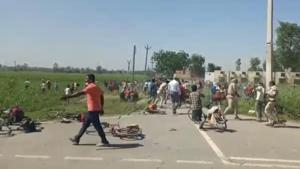 A video also surfaced on social media platforms showing many of them running away to nearby fields, leaving behind their luggage, cycles and footwear.(HT Photo) A video also surfaced on social media platforms showing many of them running away to nearby fields, leaving behind their luggage, cycles and footwear.(HT Photo)