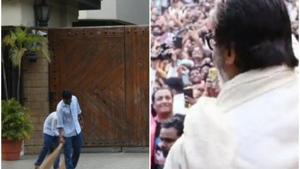 Amitabh Bachchan waves to the crowd outside his home (R), and how it looks right now (L). Amitabh Bachchan waves to the crowd outside his home (R), and how it looks right now (L).