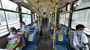 Passengers maintain social distancing while sitting in a DTC bus during the ongoing Covid-19 lockdown, in New Delhi, Tuesday, May 19, 2020.(PTI) Passengers maintain social distancing while sitting in a DTC bus during the ongoing Covid-19 lockdown, in New Delhi, Tuesday, May 19, 2020.(PTI)