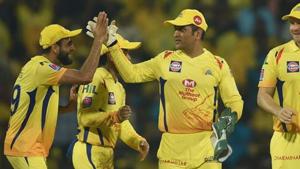 CSK skipper MS Dhoni celebrates his team's victory with teammates in the Indian Premier League 2019 (IPL T20).(PTI) CSK skipper MS Dhoni celebrates his team's victory with teammates in the Indian Premier League 2019 (IPL T20).(PTI)