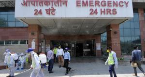 Volunteers during a disinfection drive at Child Specialist hospital during lockdown, Sector 30, in Noida, India, on Monday, April 27, 2020.(Sunil Ghosh / Hindustan Times) Volunteers during a disinfection drive at Child Specialist hospital during lockdown, Sector 30, in Noida, India, on Monday, April 27, 2020.(Sunil Ghosh / Hindustan Times)