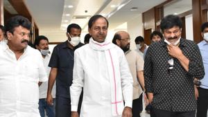 Chiranjeevi with Telangana chief minister K Chandrasekhar Rao. Chiranjeevi with Telangana chief minister K Chandrasekhar Rao.
