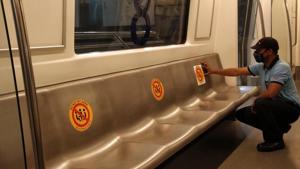 The stickers have been placed on every second seat, making sure there is enough space between two passengers. (Photo @OfficialDMRC) The stickers have been placed on every second seat, making sure there is enough space between two passengers. (Photo @OfficialDMRC)