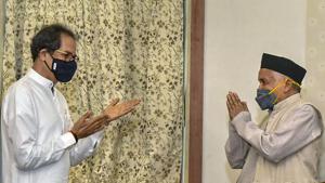 Maharashtra Governor Bhagat Singh Koshyari meets Chief Minister Uddhav Thackeray at Raj Bhavan, in Mumbai. Uddhav Thackeray took oath as a member of the Legislative Council today after he was elected unopposed to the legislature.(PTI) Maharashtra Governor Bhagat Singh Koshyari meets Chief Minister Uddhav Thackeray at Raj Bhavan, in Mumbai. Uddhav Thackeray took oath as a member of the Legislative Council today after he was elected unopposed to the legislature.(PTI)